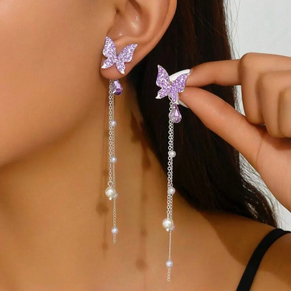 Purple Butterfly Drop Dangle Earrings, Butterfly Earrings